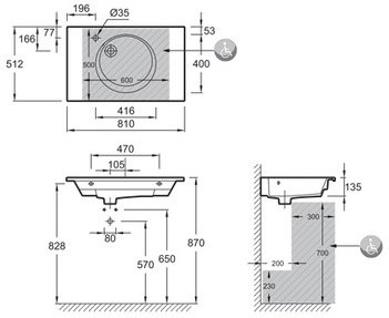EXAW112-Z-00 раковина с гладкой нижней поверхностью ODEON RIVE GAUCHE /80/(белый) 