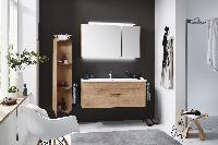 Puris D.Light 120 см: зеркальный шкаф с Led подсветкой, тумба, пенал 40 см левый (1 дверь) и белая рак из мин литья, цвет мебели дуб натуральный