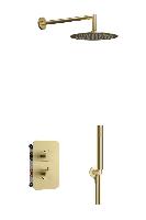 AQG Aqua, душевой комплект на 2 потребителя:c термостатом, с круглым верхним душем 25х25 см и кронштейном, цвет матовое золото (PVD)