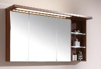 Puris Swing, зеркальный шкаф 120 см правый (3 двери и открытые полочки справа) с подсветкой, цвет белый глянцевый