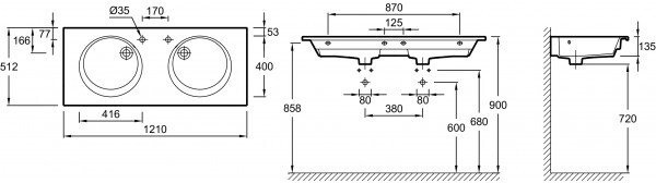 EXAT112-Z-00 раковина с гладкой нижней поверхностью ODEON RIVE GAUCHE 2 отвер. для смеc/120/(белый) 