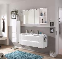 Puris Purefaction 120 см правый: зеркальный шкаф с Led подсветкой, тумба (2 ящика) и белая раковина из мин литья c Led подсветкой, цвет мебели белый г