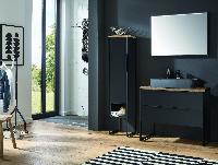 Puris Aspekt 90 см: тумба (2 ящика), пенал на ножках (1 дверь, 1 ящик и полочка), столешница и черная накладная керамическая раковина, цвет мебели сер
