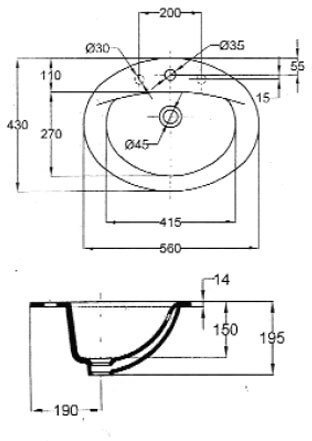 E4155-00 раковина ODEON/PATIO встраиваемый /56х43/ (бел) 