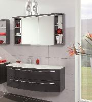 Puris Crescendo 120 см правый: зеркальный шкаф с Led подсветкой, тумба (2 ящика) и белая раковина из мин литья, цвет мебели антрацит глянцевый