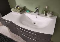 Puris Linea 100 см левый: тумба (2 ящика, 1 дверь) и раковина из мин литья c Led подсветкой, цвет мебели белый глянцевый