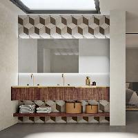 OASIS EDEN Тумба под раковину 712х525х300 мм., подвесная, 1 ящик, планка золото, боковина слева шпон Walnut Carved, отделка шпон Walnut Carved