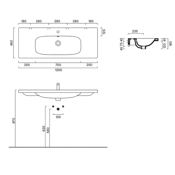 Catalano ALVEA Раковина 120x46, с 1 отв. под смеситель, покрытие Cataglaze+, цвет белый глянцевый 