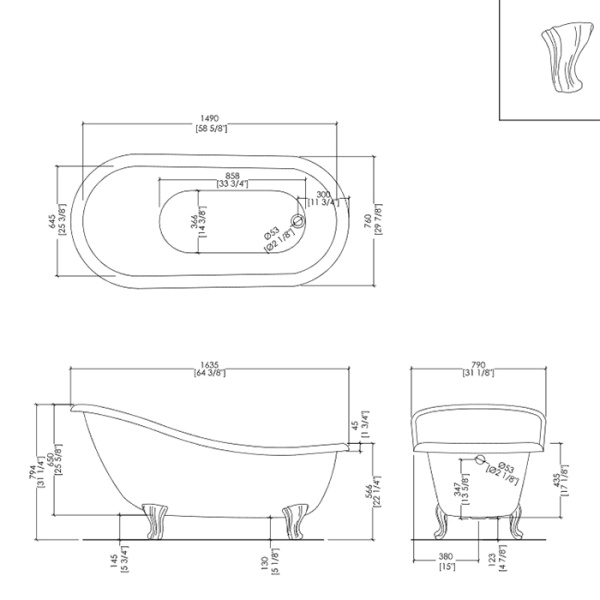 Devon Regina Ванна 164х79хh57/80 см, чугунная, отдельностоящая, ножки decò, отделка  состаренная медь 