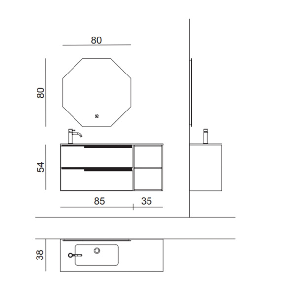 OASIS PROFILO Тумба под раковину 850х380х540 мм, подвесная, 2 ящика левых, цвет Cemento matt 