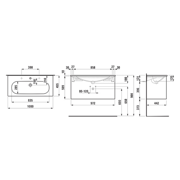 Laufen Lua КОМПЛЕКТ: база под раковину, 1000х455хh527 мм, с раковиной 1000 мм с 1 отв для смесит., 2 ящика, вкл.органайзер для ящиков, белый матовый 