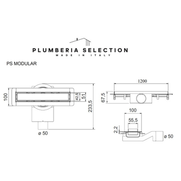 Plumberia Selection Трап душевой PS MODULAR 4x120 2устор. накладка из нерж.стали, комбинир.затвор с горизонт. выпуск 50мм,40л/мин, браш.нерж.сталь 