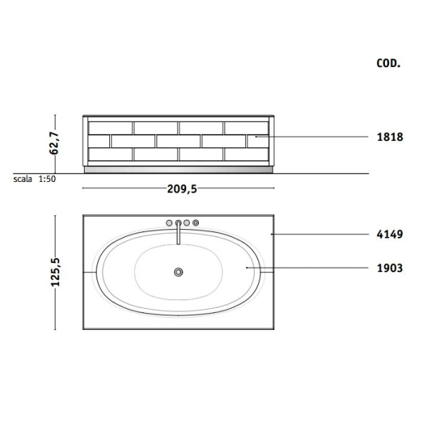 VITAGE milldue edition Ritz Основание для отдельностоящей ванны 2090х1250х615 мм., цоколь сталь, рама глянц лак Mandorla, отделка стекло Golden crash 