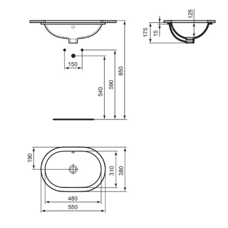 Ideal Standard Connect Раковина 550х380 мм, овальная, встраиваемая снизу без отв. под смес., с крепежом, цвет: белый глянец 