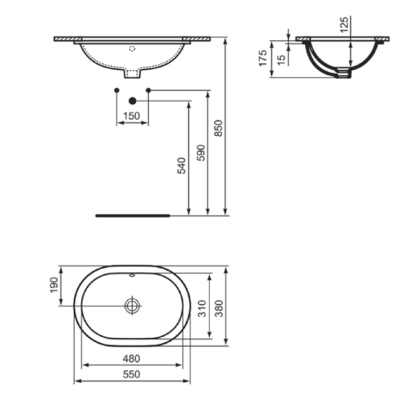 Ideal Standard Connect Раковина 550х380 мм, овальная, встраиваемая снизу без отв. под смес., с крепежом, цвет: белый глянец 