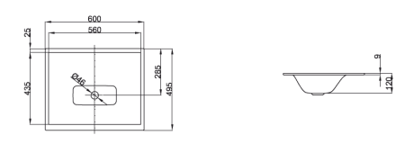 BETTELUX Раковина встраеваемая на столешницу  60*49,5*0,9/12см  без отв.под смеситель, без перелива, с  крепежем, цвет белый 