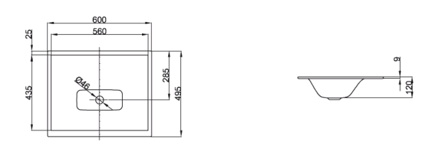 BETTELUX Раковина встраеваемая на столешницу  60*49,5*0,9/12см  без отв.под смеситель, без перелива, с  крепежем, цвет белый 