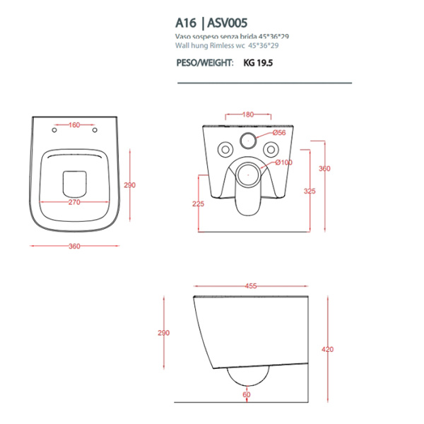 Artceram A16 MINI  Унитаз подвесной безободковый 36х45 см, с креплениями,  цвет белый. 