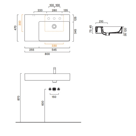 Catalano PREMIUM Раковина 80x47 чаша справа, с 1 отв. под смеситель, покрытие Cataglaze+, цвет белый глянцевый 