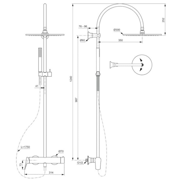 Ideal Standard La Dolce Vita Душевая стойка, смеситель  для душа, верхний душ 30см, руч.душ Stick, шланг Idealflex 175см, цвет: PVD Brushed Gold 
