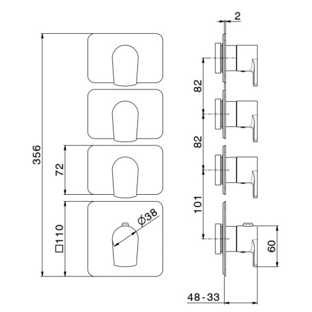 Newform Haka Внешняя часть термостатического смесителя на 3 источника с отдельными ручками запорного вентиля, цвет: PVD brushed stainless steel 