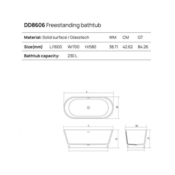 DEA DESIGN Shadow Ванна отдельностоящая 160x70xh58 см, материал: Solid Surface искуственный камень, цвет: White №18 