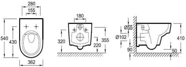 EDR102-00 унитаз подвесноой ODEON RIVE GAUCHE безободковый /36,2х54/(белый) 