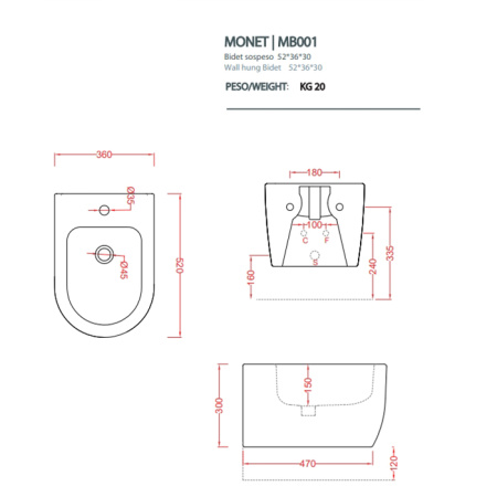 Artceram MONET Биде подвесное 36х52 см, 1 отверстие, цвет черный матовый 