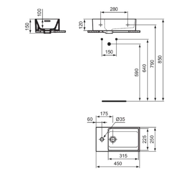 Ideal Standard Extra Раковина 450х250xh120 мм, подвесная, с отв. под смес. слева и переливом, с крепежом цвет: белый глянец 