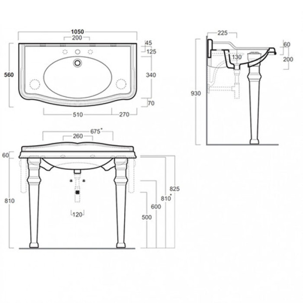 TW Bristol 874.3, структура металлическая под раковину-консоль AR874 р-р 1050*560*h850, материал: латунь, цвет отделки: золото 