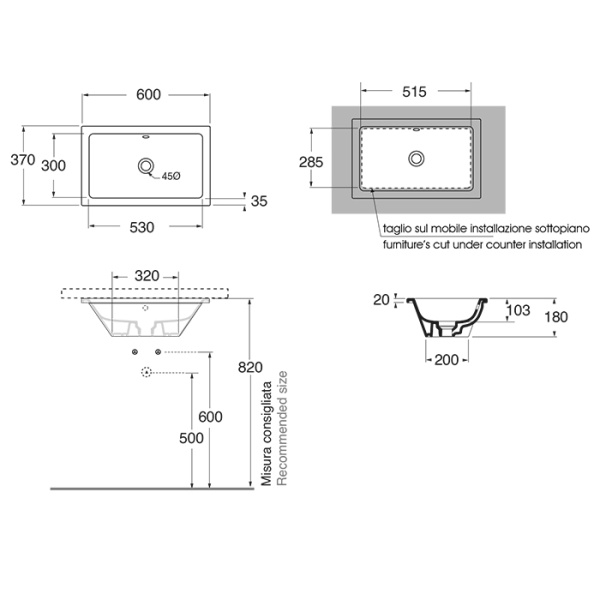 AZZURRA Раковина встраиваемая под столешницу 60х37x18 см, без отв. под смеситель, цвет белый глянцевый 