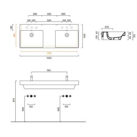 Catalano ZERO Раковина 125x50 двойная, без отв. под смеситель, покрытие Cataglaze+, цвет белый глянцевый 