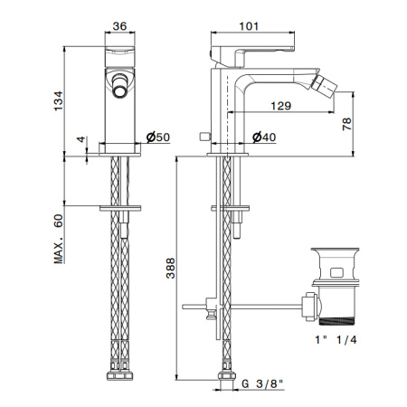 Newform Haka Смеситель для биде с донным клапаном, цвет: PVD brushed stainless steel 