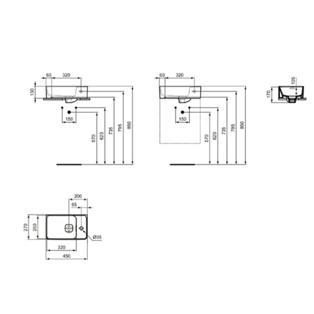 Ideal Standard Strada 2 Guest Раковина 450х270 мм, подвесная, с отв. под смес. справа , с крепежом и керам крышкой, цвет: белый глянец 