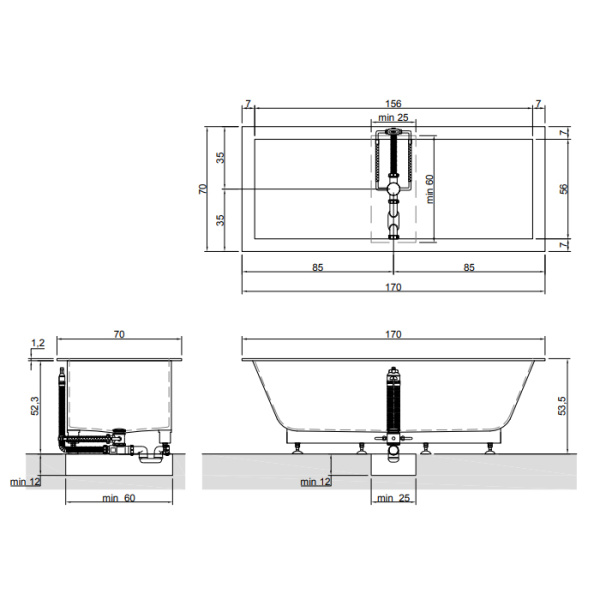 Antonio Lupi Biblio Ванна встраиваемая 170х70х53.5 см, с сифоном и ,ножками и донным клапаном (хром), мат-л: Corian, цвет: белый 