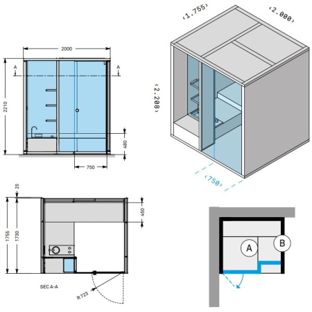 Effegibi BodyLove H Хаммам 200x176xh220 см, размещение в угол R.H., S.X., без отделки 