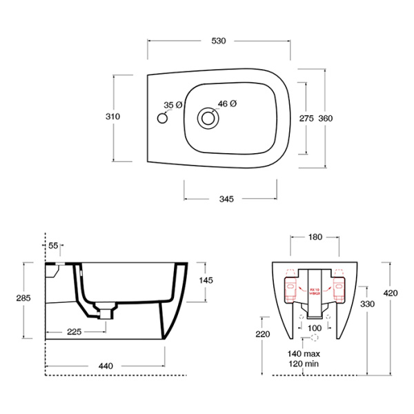 Alice Wunder  Биде 53х31, подвесное, чёрный матовый 
