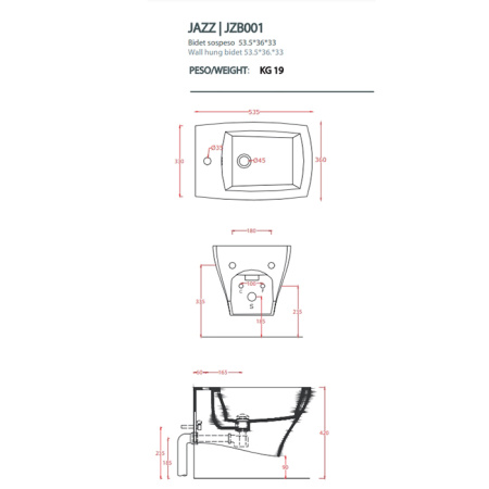 Artceram JAZZ Биде подвесное 54x36см c креплением, с 1 отв под смеситель .цвет белый 
