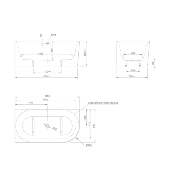 KNIEF Fresh XS  Ванна в левый угол 155х80х60см,слив щелевой, без слив-перелива, цвет  белый  глянцевый (продавать со сливом 0100-091-06) 