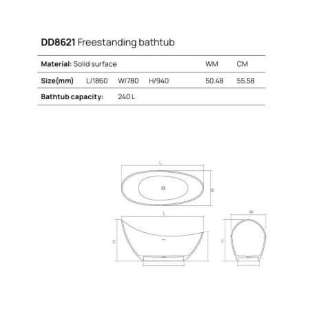 DEA DESIGN Elegant Ванна отдельностоящая 186x78xh94 см, материал: Solid Surface искуственный камень, цвет: Black №16 