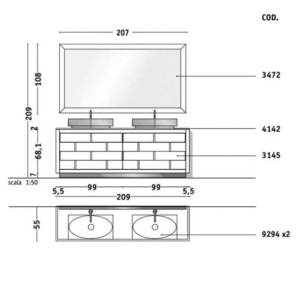 VITAGE milldue edition Ritz Тумба под 2 раковины 2090х548х741 мм, напольная, 4 ящика, цоколь сталь, рама глянц лак Mandorla, фасад стекло Golden crash 