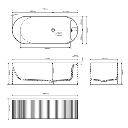 DEA DESIGN Stripes Ванна 1710х720хh560 мм отдельностоящая, цвет Grey №3 