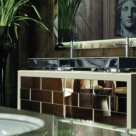 VITAGE milldue edition Ritz Тумба под 2 раковины 2090х548х741 мм, напольная, 4 ящика, цоколь сталь, рама глянц лак Mandorla, фасад стекло Golden crash 