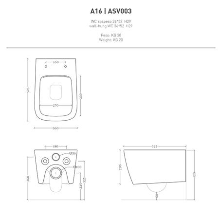 Artceram A16 Унитаз подвесной Rimless 36х52 см, цвет gravel 