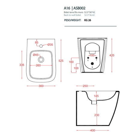 Artceram  A16  Биде напольное 36х52 см, 1 отверстие, цвет notte (Не производится) 