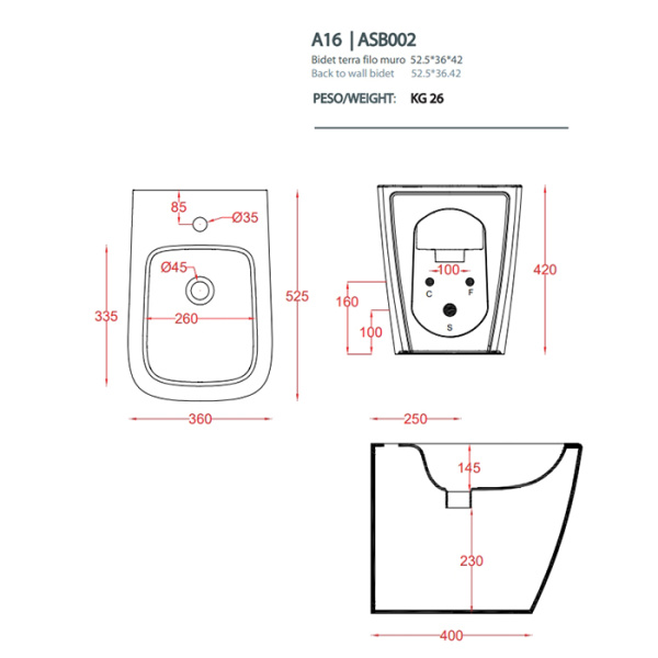 Artceram  A16  Биде напольное 36х52 см, 1 отверстие, цвет notte (Не производится) 