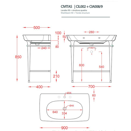 Artceram CIVITAS Структура металлическая Tonda для раковины 90см, полка стекло, цвет золото 