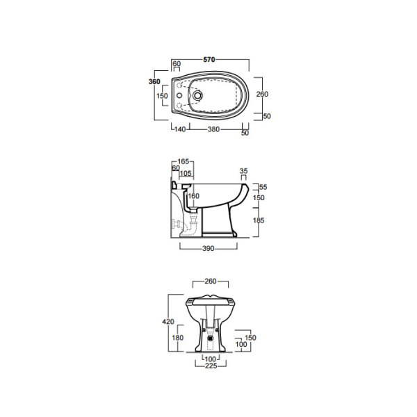 SIMAS Arcade Биде без ободка с 3 отв. под смеситель 36х57 , (2отв. выбитых вручную), цвет белый 