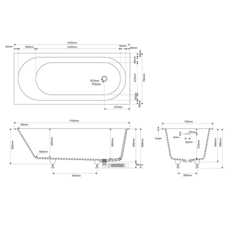 DEA DESIGN Ease Ванна 1700х750хh580 мм встраиваемая, в комплекте ножки, интегр.слив/перелив в цвет ванны цвет grey brown 