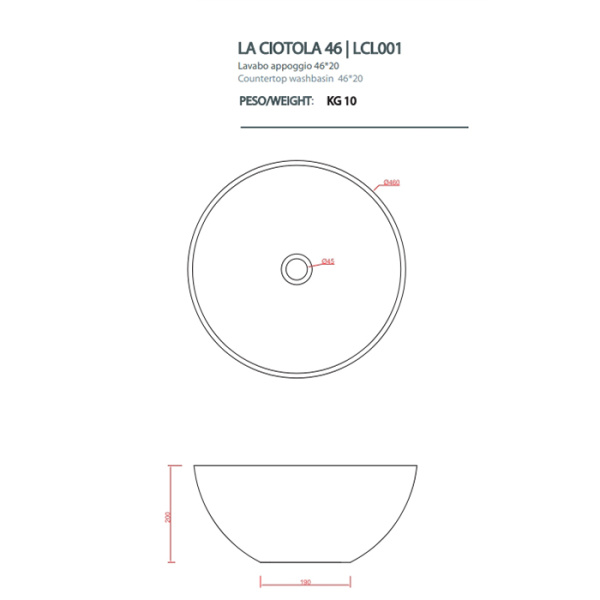 Artceram LA CIOTOLA Раковина накладная 46 см, без отв под смеситель, без слива перелива, цвет белый 